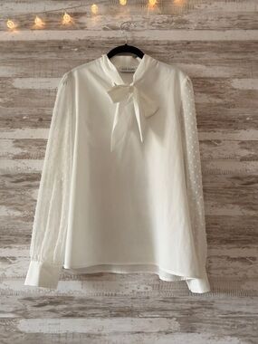 White Bow Neck Blouse with Sheer Dotted Sleeves